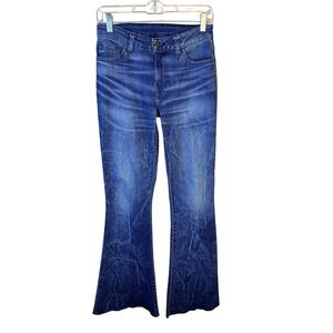 Etica Womens High Rise Flare Jeans Blue Whiskered Raw Hem Size 25 Sustainable